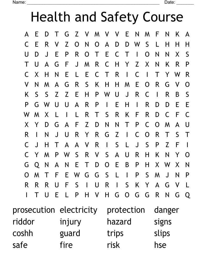 Health and Safety Course Word Search
