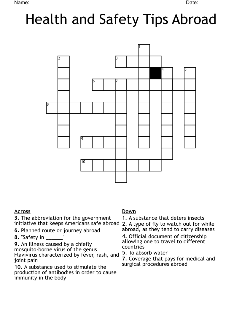 Health and Safety Tips Abroad Crossword