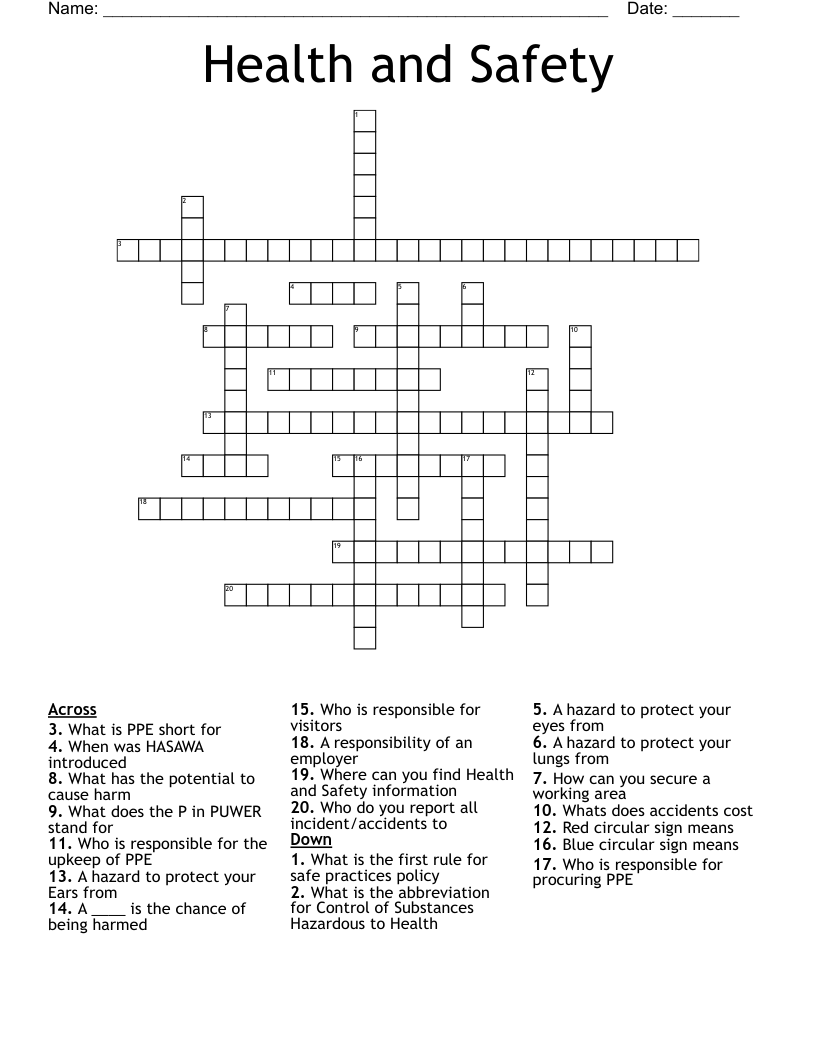 Health and Safety  Crossword
