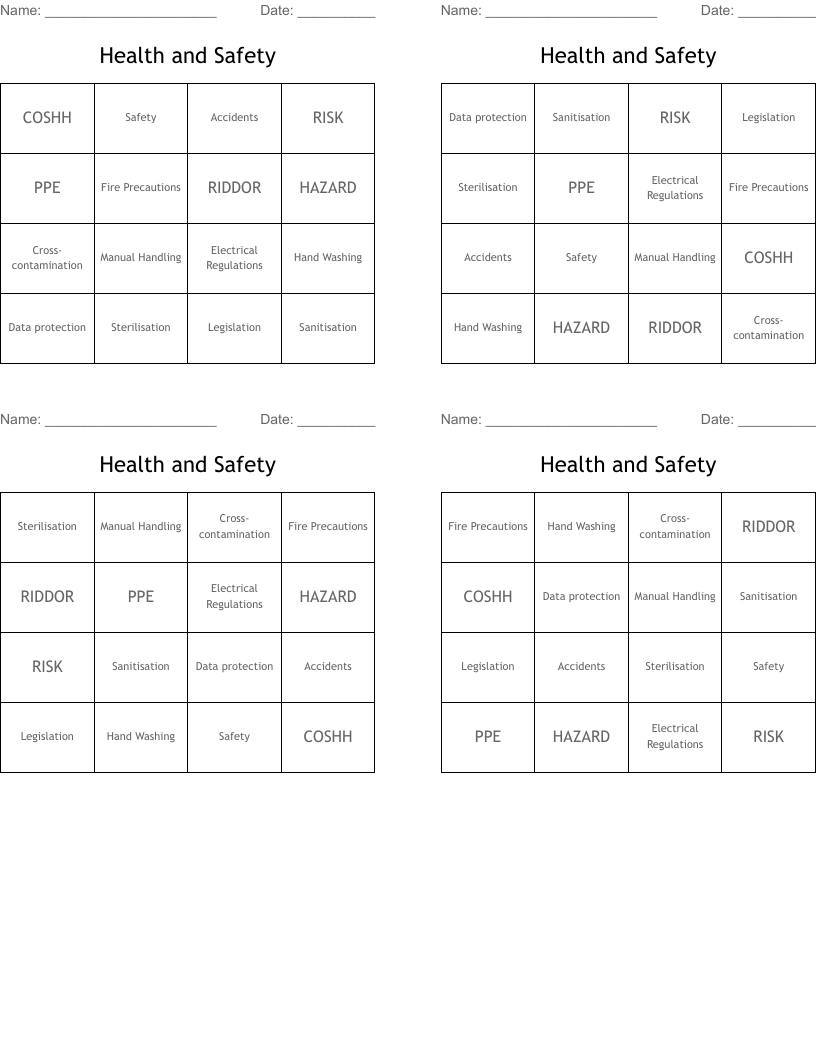 Health and Safety  Bingo Cards