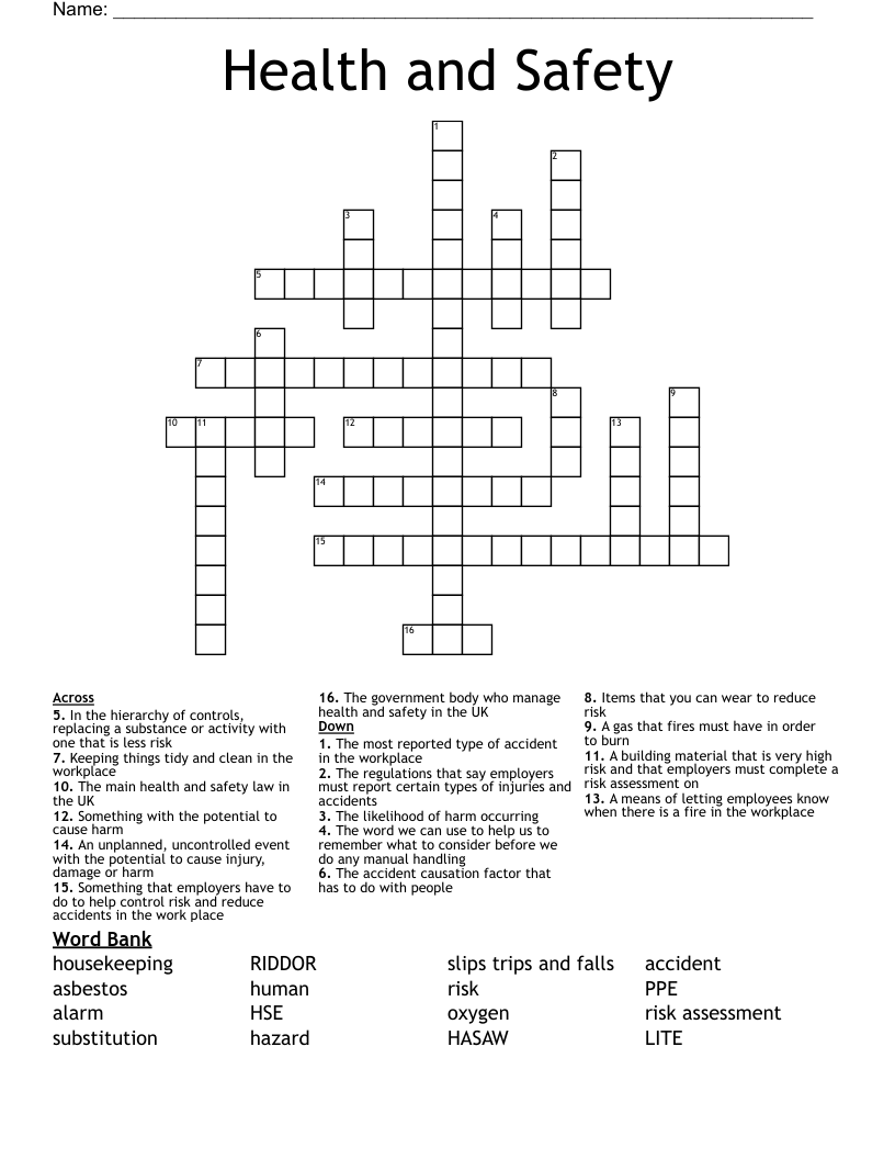 Health and Safety  Crossword