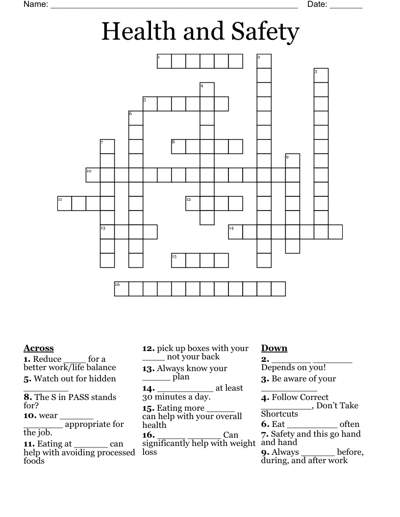 Health and Safety  Crossword