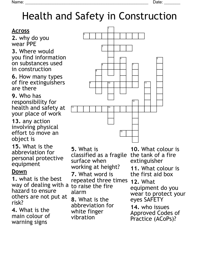 Health and Safety in Construction  Crossword