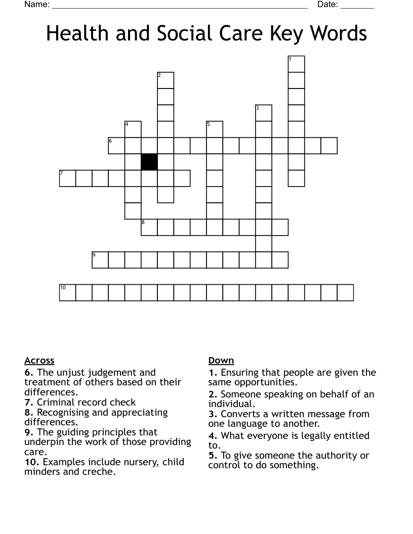 Health and Social Care Key Words  Crossword