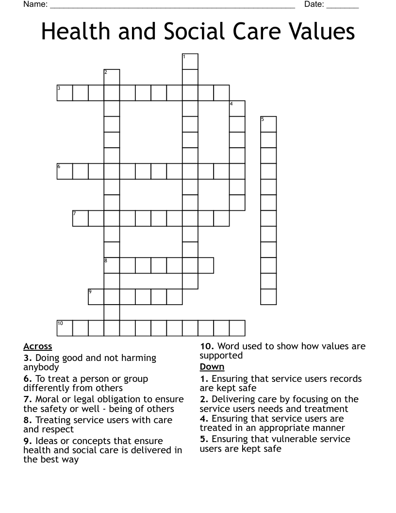 Health and Social Care Values Crossword
