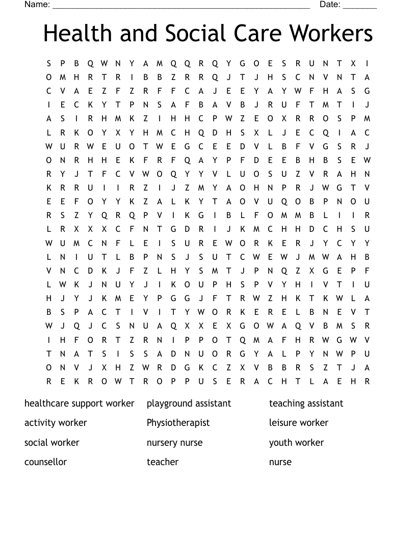 Health and Social Care Workers Word Search