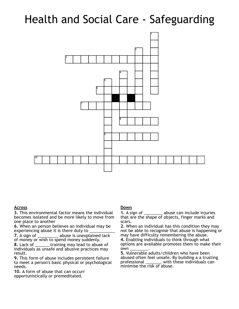 Health and Social Care - Safeguarding Crossword