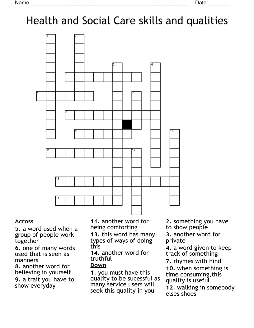 Health and Social Care skills and qualities Crossword