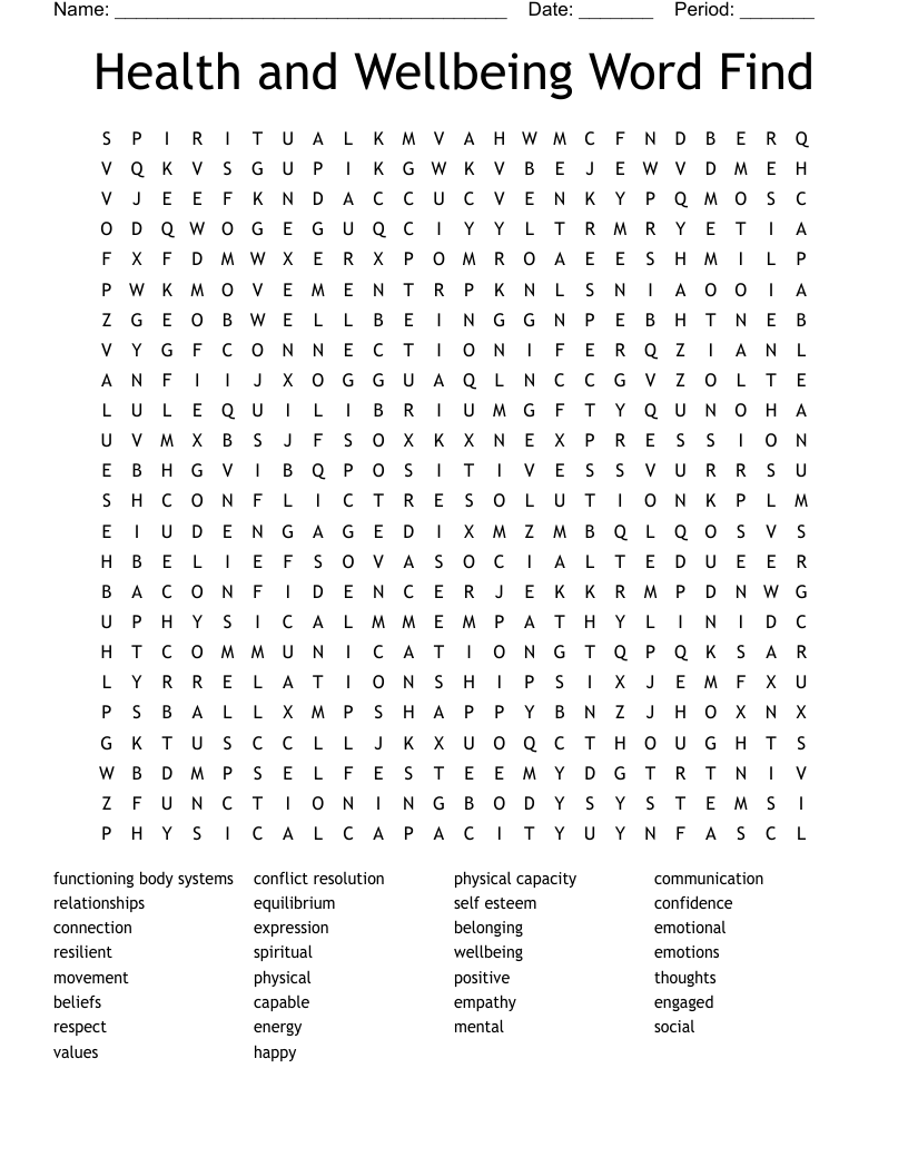 Health and Wellbeing Word Find Word Search