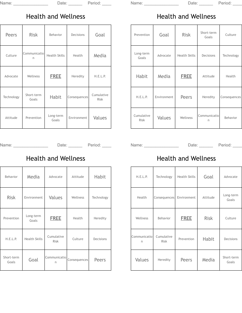 Health and Wellness Bingo Cards