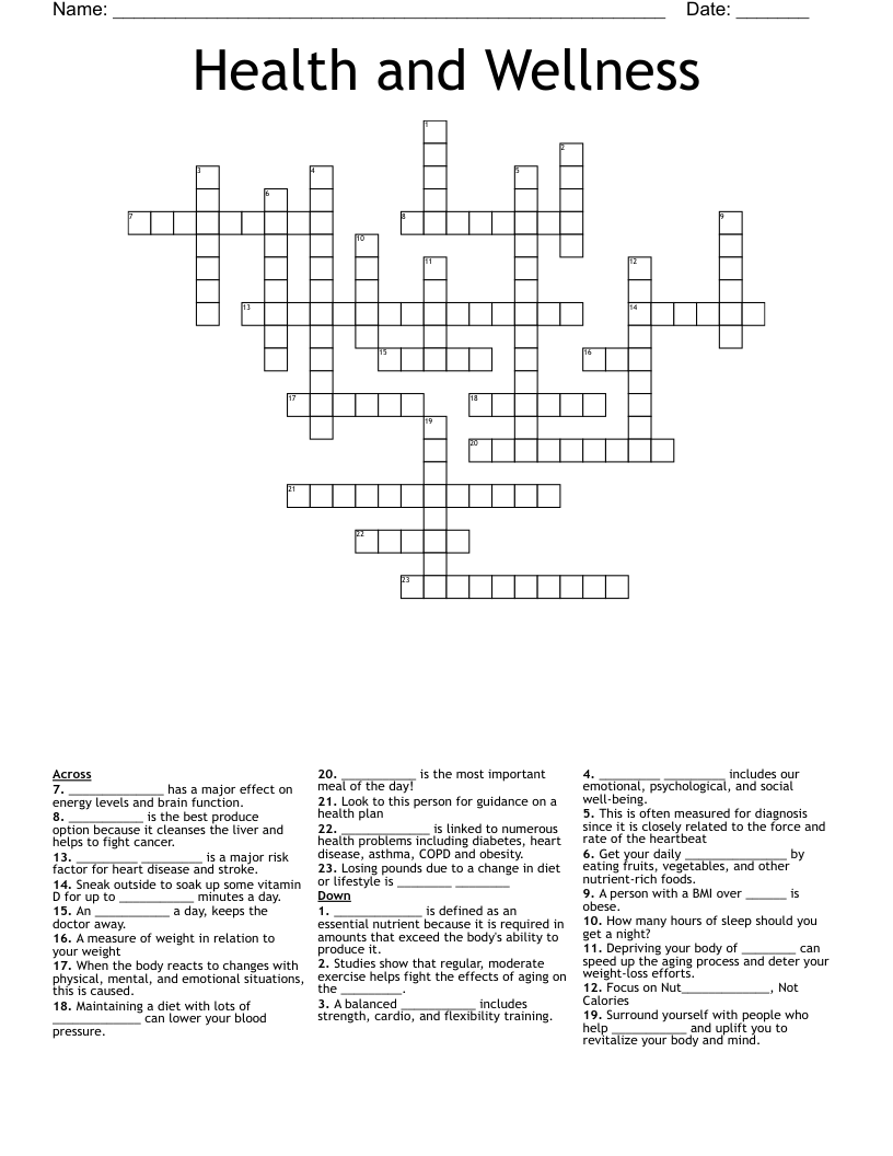 Health and Wellness Crossword