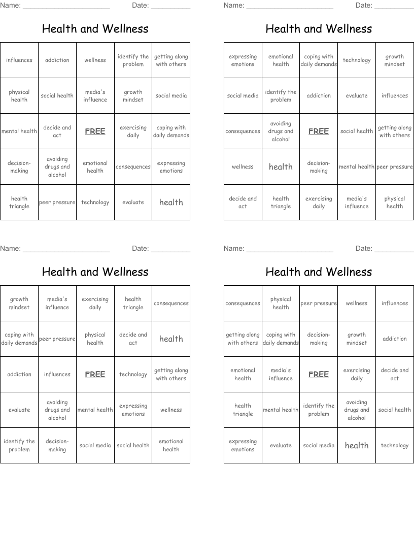Health and Wellness Bingo Cards