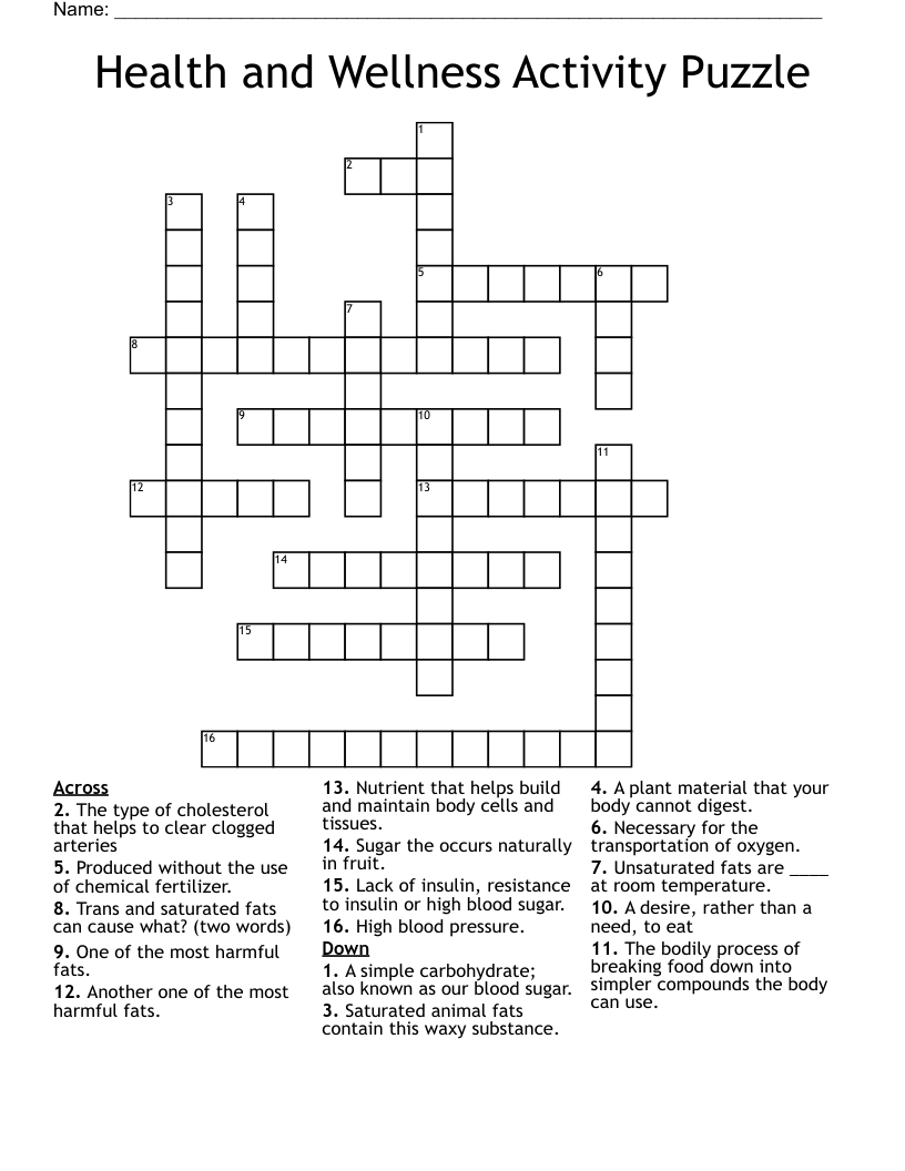 Health and Wellness Activity Puzzle Crossword