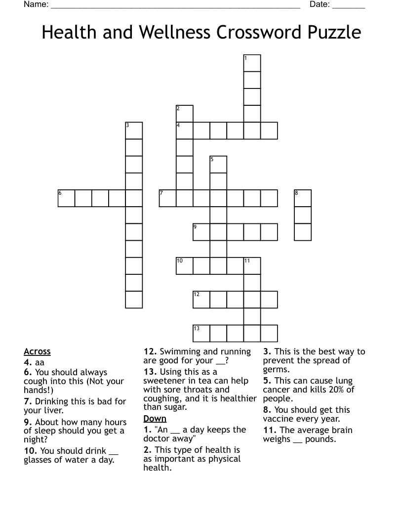 Health and Wellness Crossword Puzzle