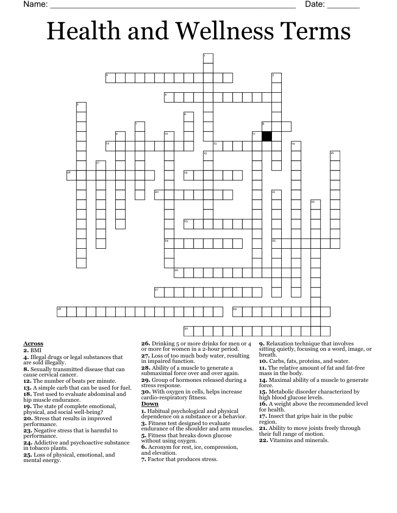 Health and Wellness Terms Crossword