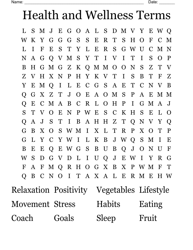 Health and Wellness Terms Word Search