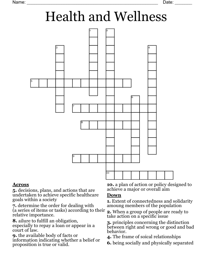 Health and Wellness  Crossword