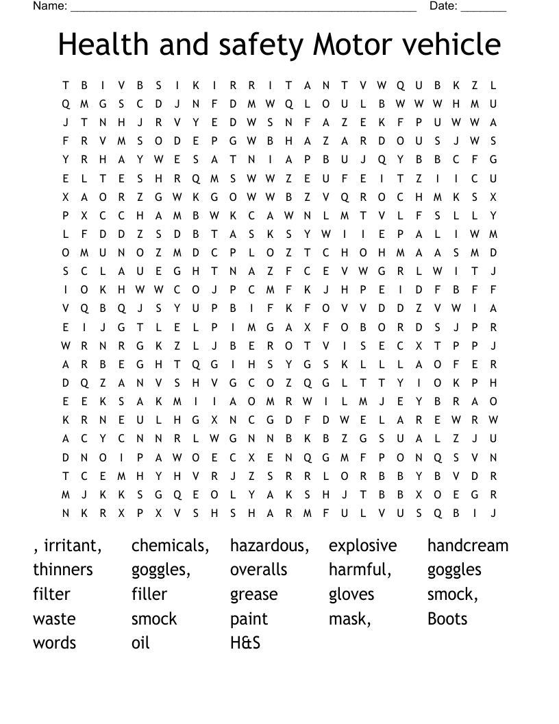 Health and safety Motor vehicle Word Search