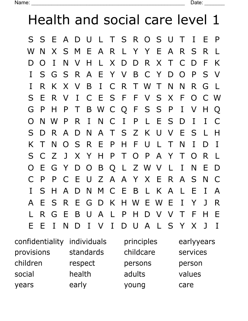 Health and social care level 1  Word Search