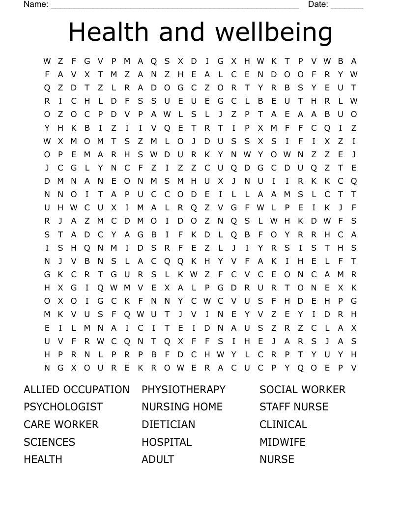 Health and wellbeing Word Search