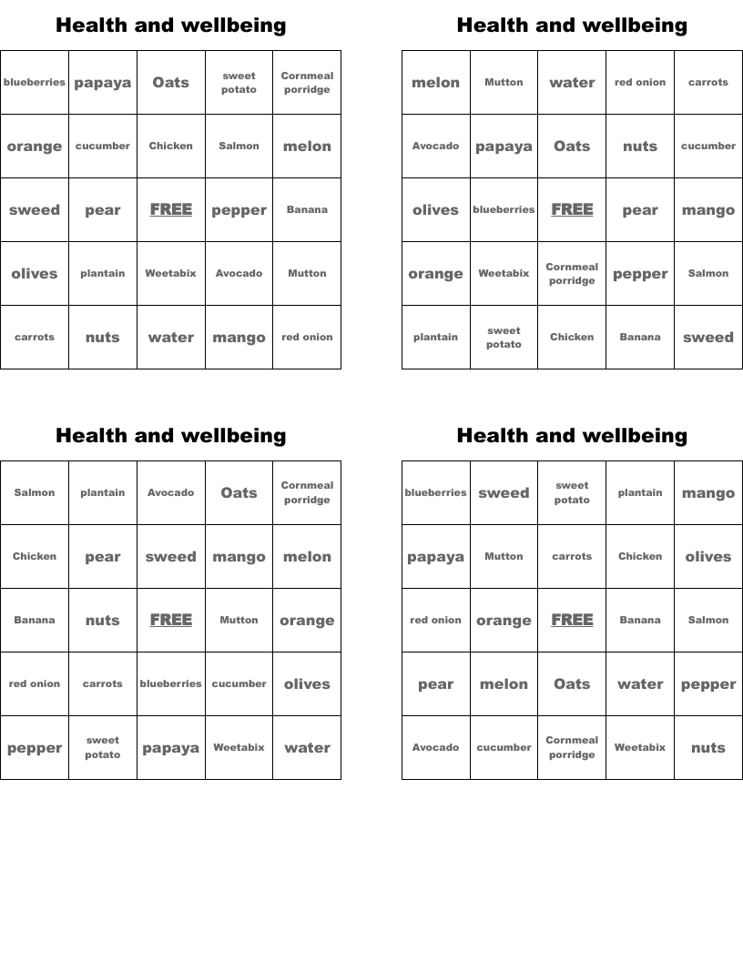 Health and wellbeing  Bingo Cards