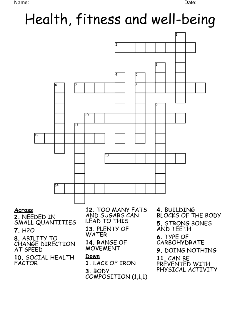 Health, fitness and well-being Crossword