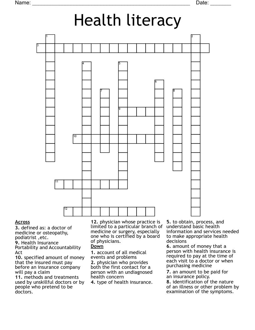 Health literacy  Crossword