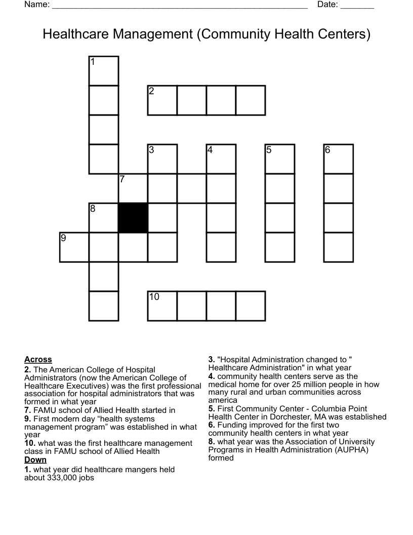 Healthcare Management (Community Health Centers) Crossword