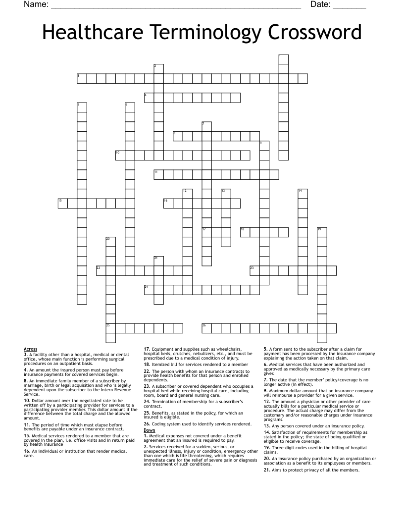 Healthcare Terminology Crossword