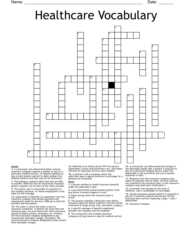 Healthcare Vocabulary Crossword