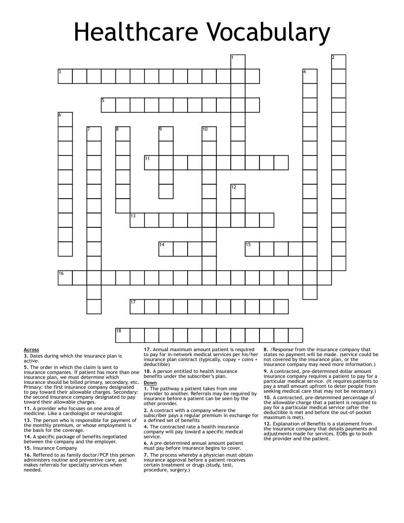 Healthcare Vocabulary Crossword