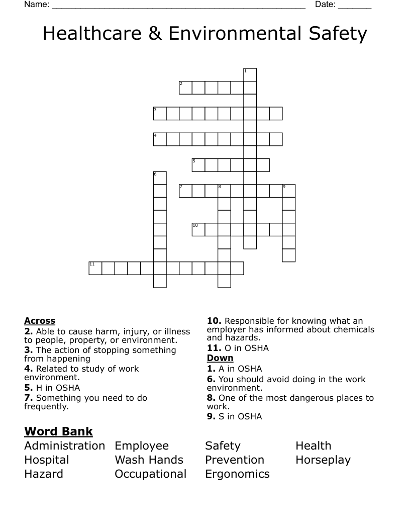 Healthcare & Environmental Safety Crossword