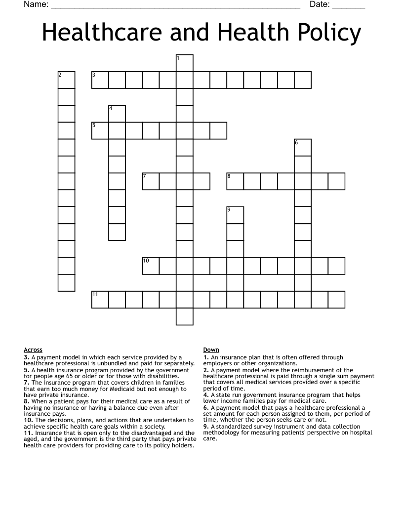 Healthcare and Health Policy Crossword