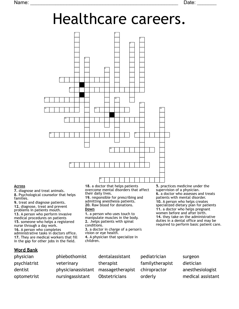 Healthcare careers. Crossword