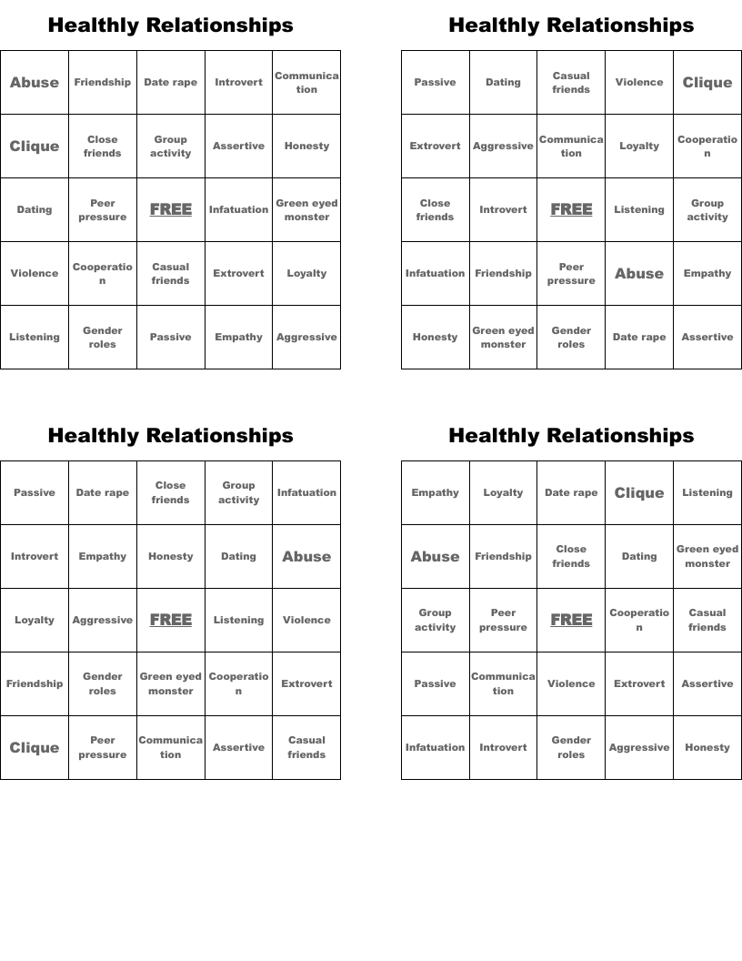 Healthly Relationships Bingo Cards
