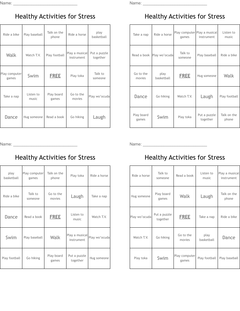 Healthy Activities for Stress Bingo Cards