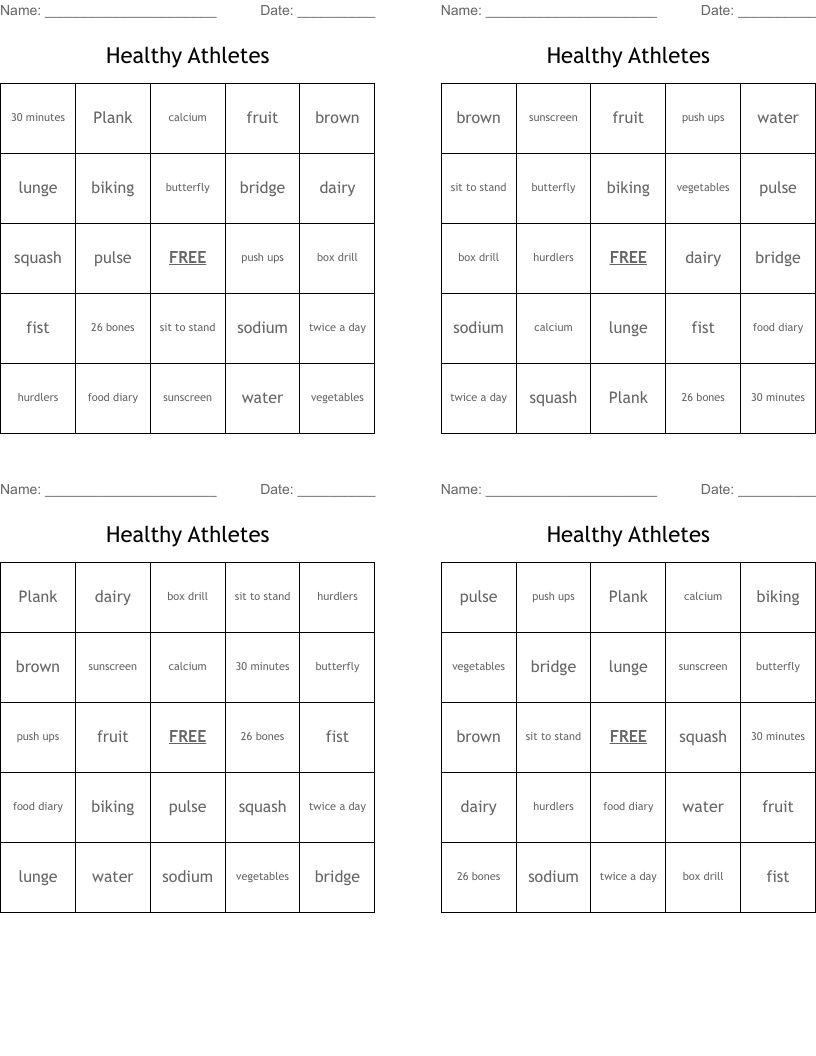 Healthy Athletes  Bingo Cards