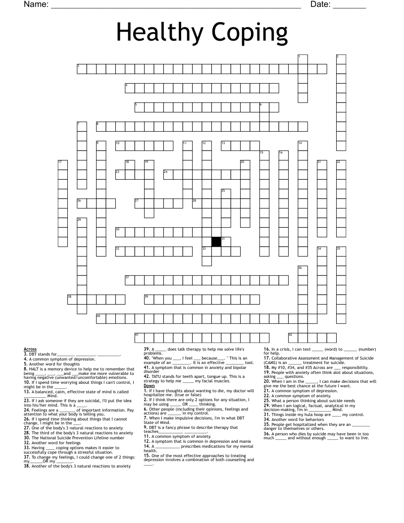 Healthy Coping Crossword