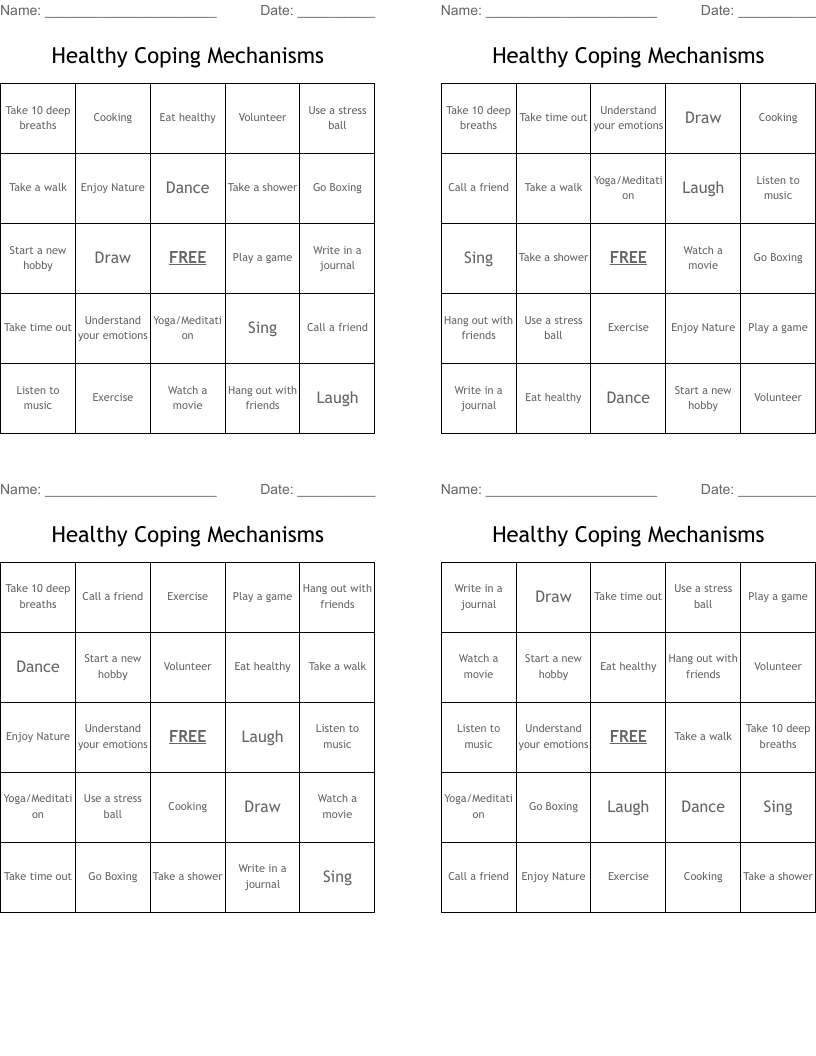 Healthy Coping Mechanisms Bingo Cards