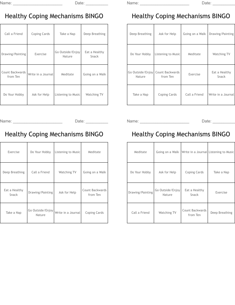 Healthy Coping Mechanisms BINGO