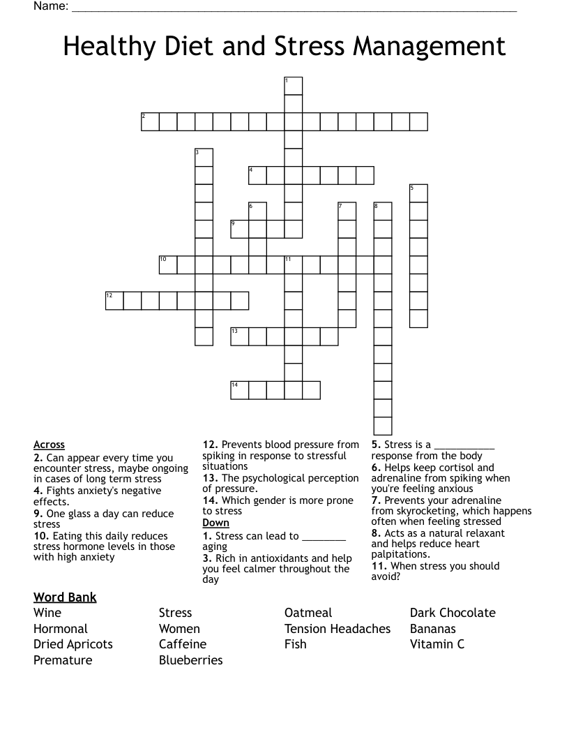 Healthy Diet and Stress Management  Crossword
