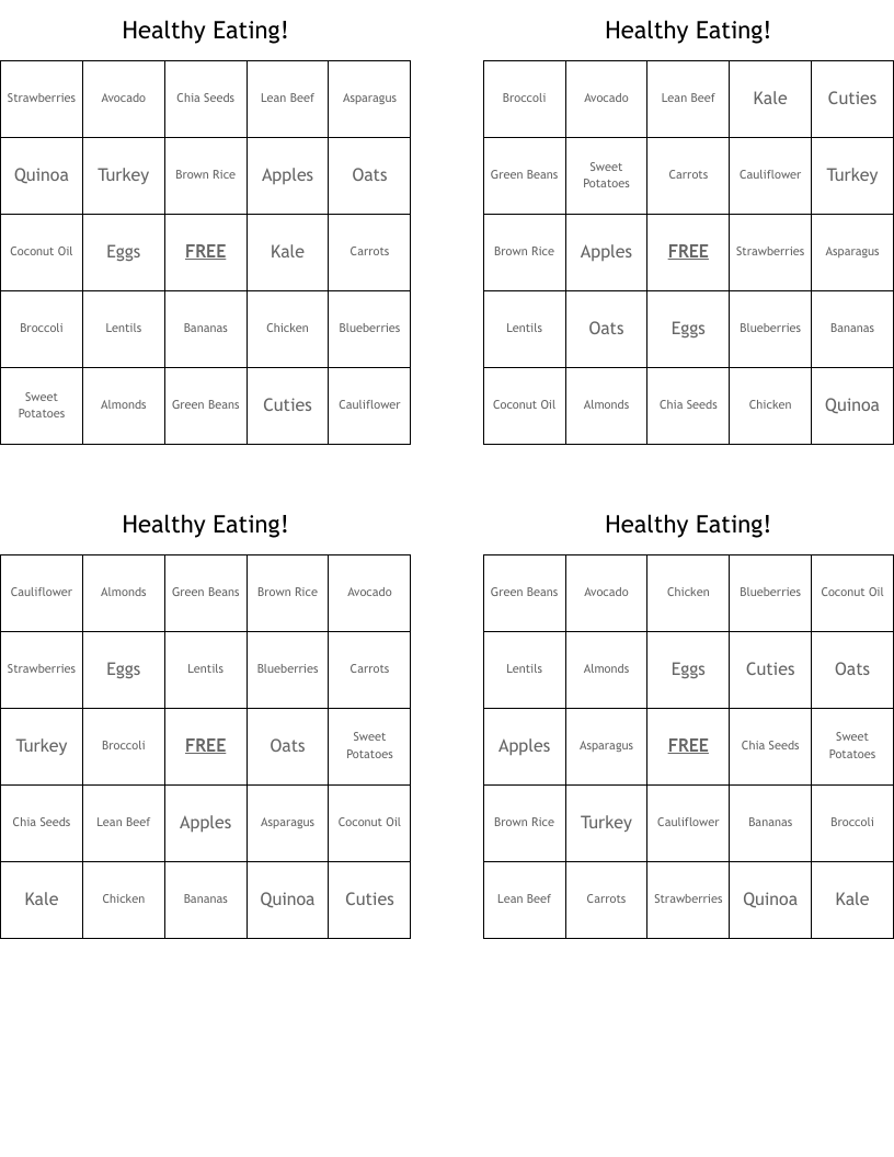 Healthy Eating! Bingo Cards