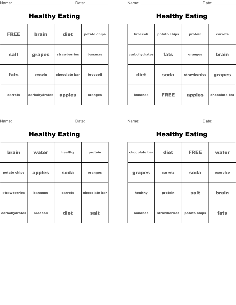 Healthy Eating Bingo Cards