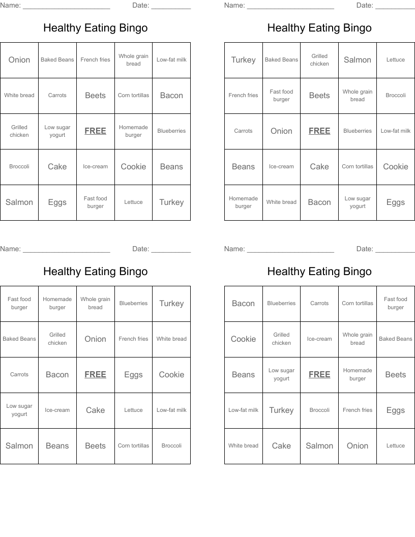Healthy Eating Bingo