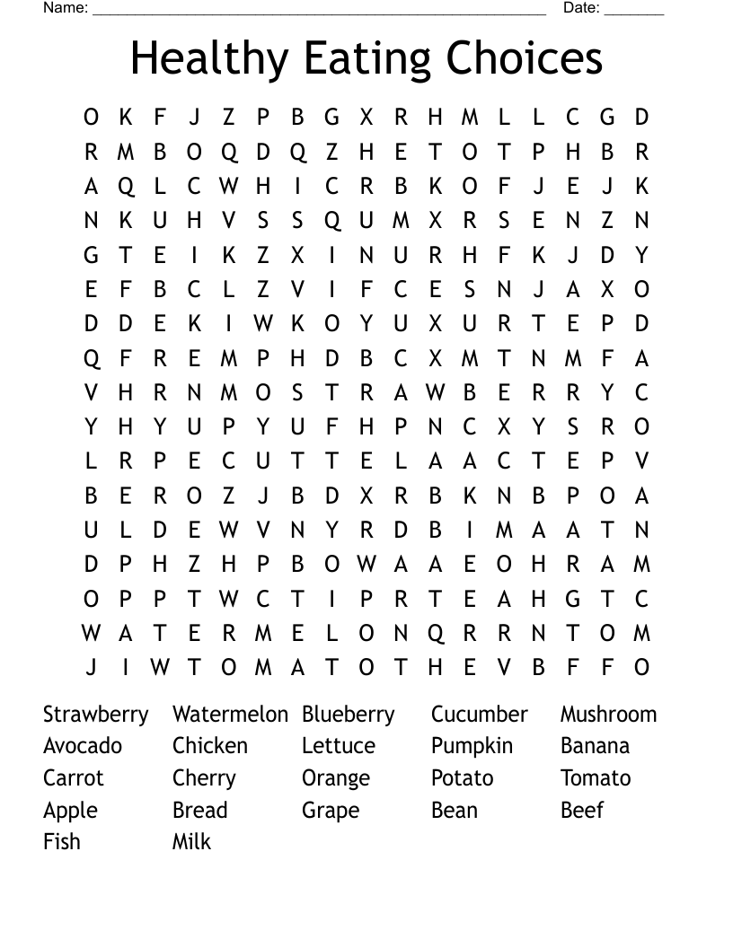 Healthy Eating Choices Word Search