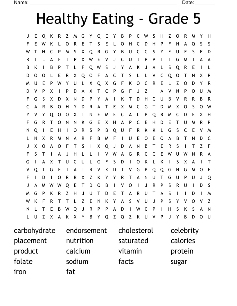 Healthy Eating - Grade 5 Word Search