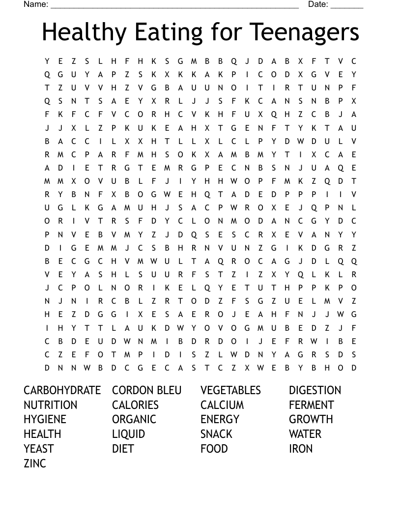 Healthy Eating for Teenagers Word Search