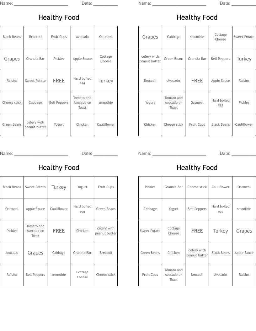 Healthy Food Bingo Cards