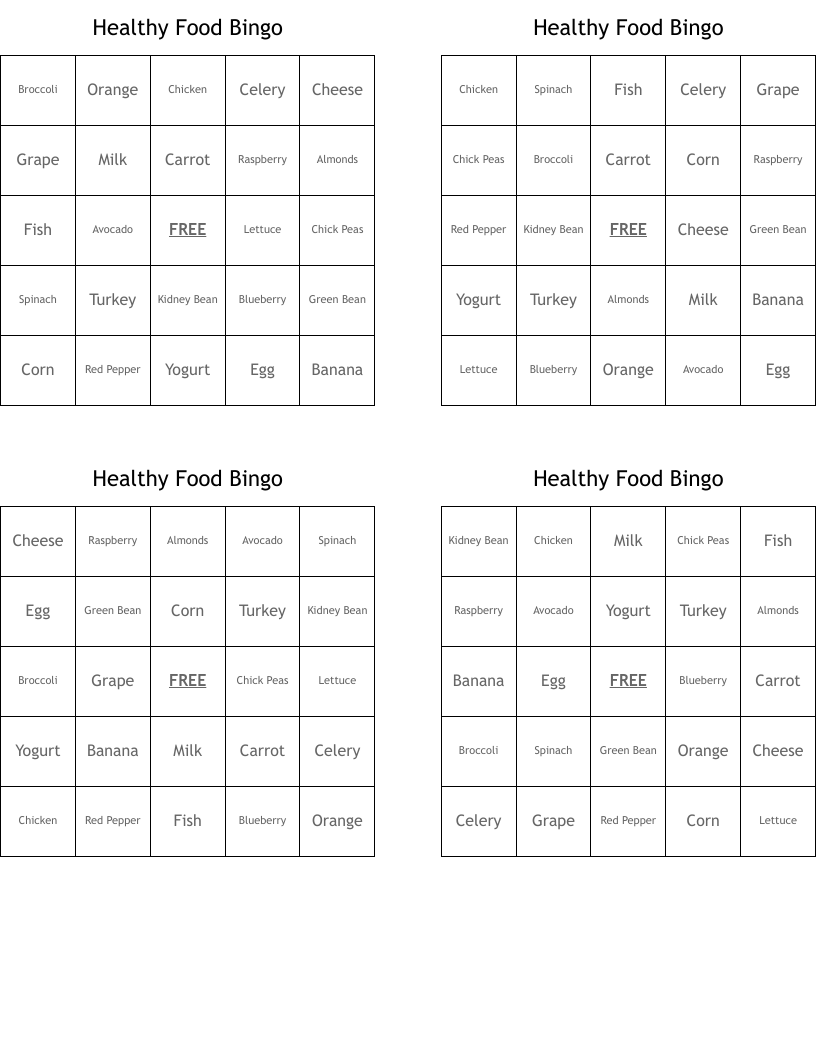 Healthy Food Bingo