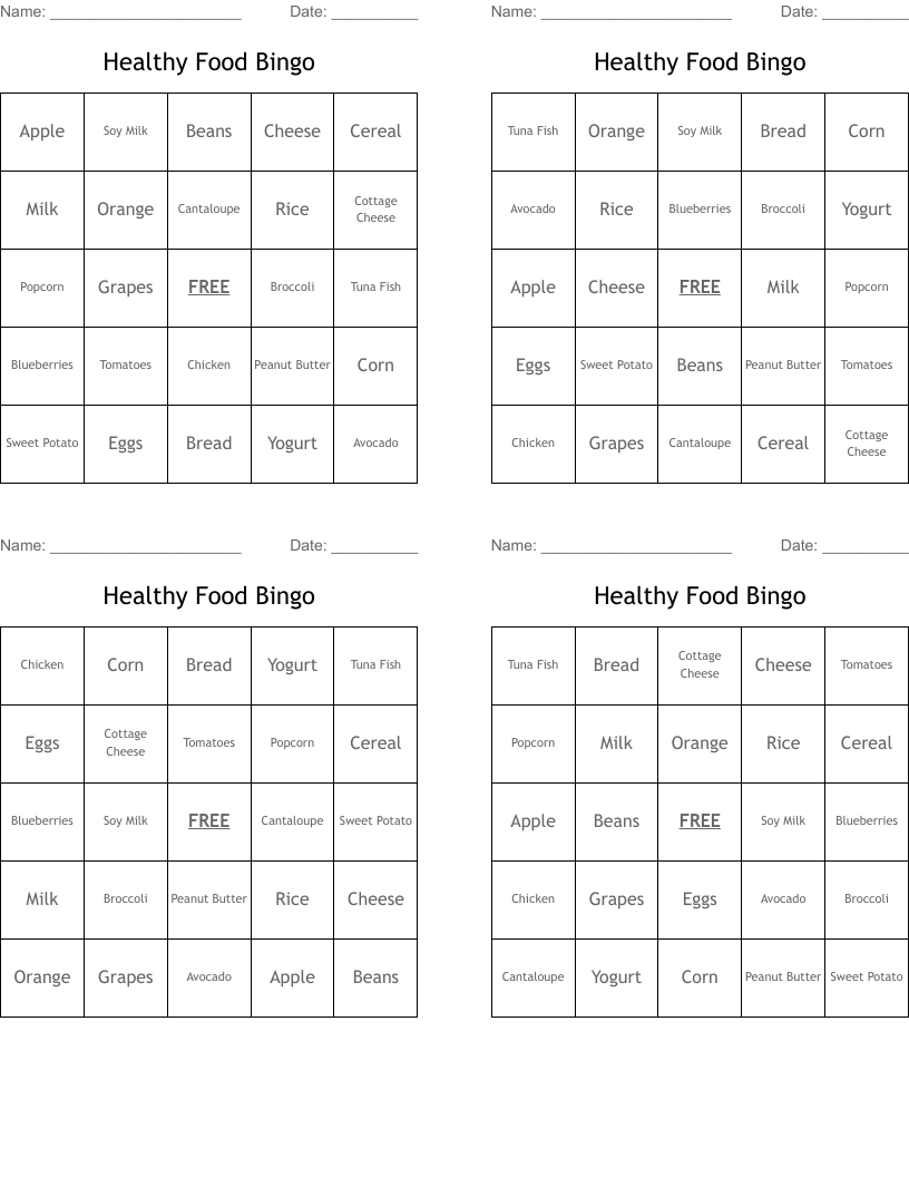 Healthy Food Bingo